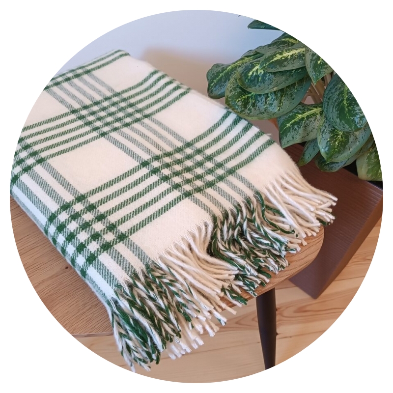 Vlnená deka so strapcami – 100% ovčia vlna, 400 g/m2, károvaná Biela - zelená - Veľkosť: 160 x 200 cm
