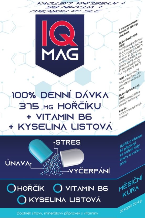 IQ Mag horčík 375 mg + B6 + kys. listová kapsula 30 cps