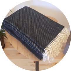 Vlnená deka so strapcami – 100% vlna, 500 g/m2, šedo-modrá