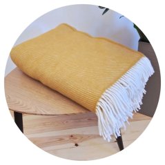 Vlnená deka so strapcami – 100% vlna, 500 g/m2, žltá